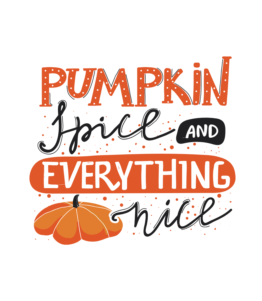 Štítok sviečky Pumpkin Spice „Pumpkin Spice and everything nice“: oranžovo-čierne kreslené písmo s tekvicou