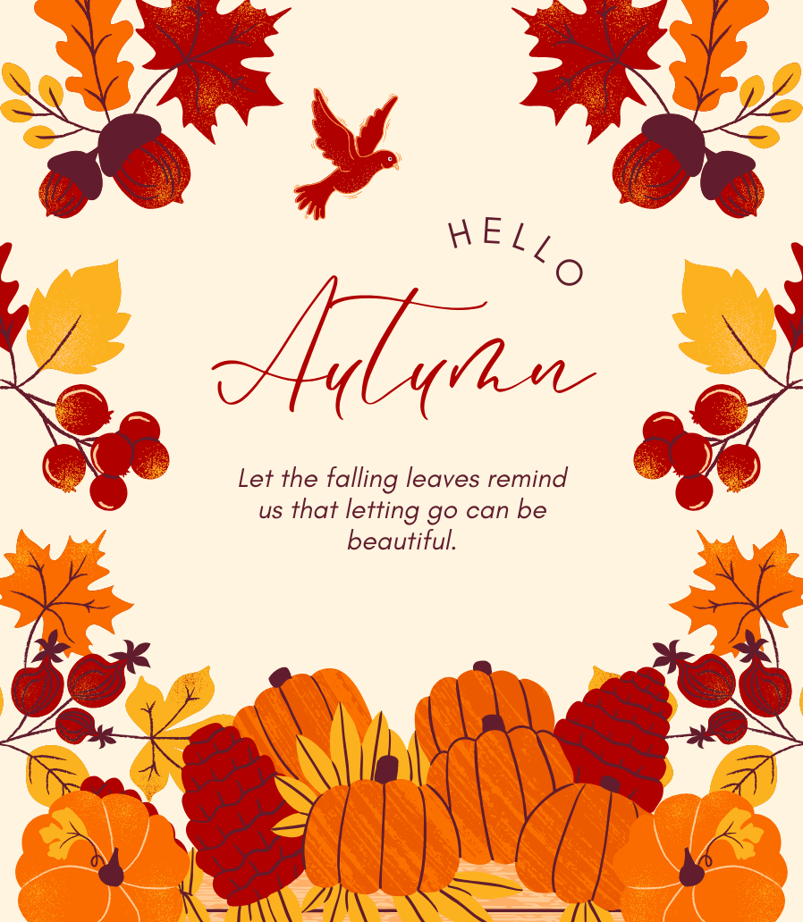 Štítok sviečky Pumpkin Spice „Hello Autumn“: jesenný veniec z lístia a tekvíc s anglickým citátom