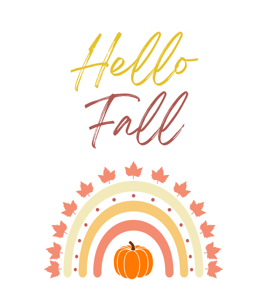 Štítok „Hello Fall“ sviečky Pumpkin Spice: jesenná dúha s javorovými listami a tekvicou