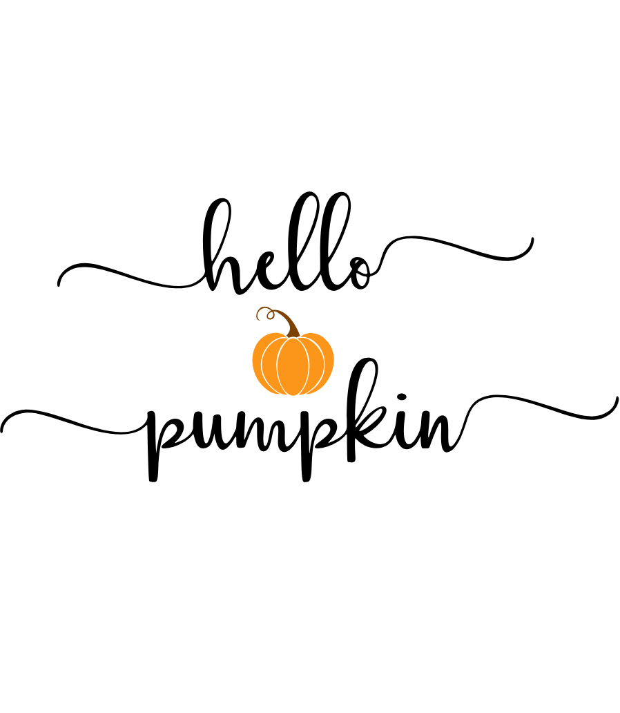 Štítok sviečky Pumpkin Spice „hello pumpkin“: tenké kaligrafické písmo s malou oranžovou tekvicou