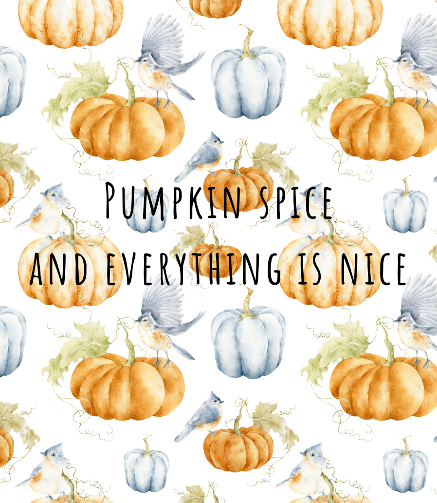 Štítok sviečky Pumpkin Spice „Pumpkin spice and everything is nice“: akvarelový vzor tekvíc a vtáčikov