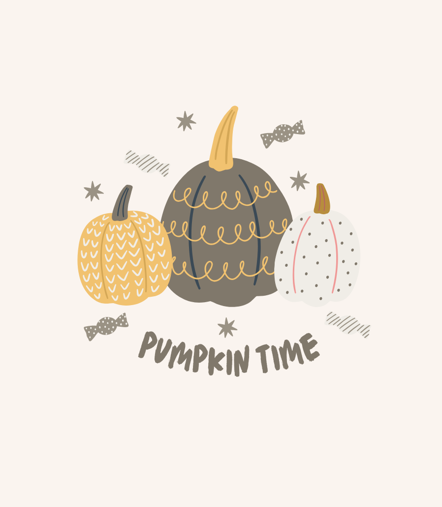 Štítok sviečky Pumpkin Spice „Pumpkin time“: tri štylizované tekvice s hviezdičkami a cukríkmi