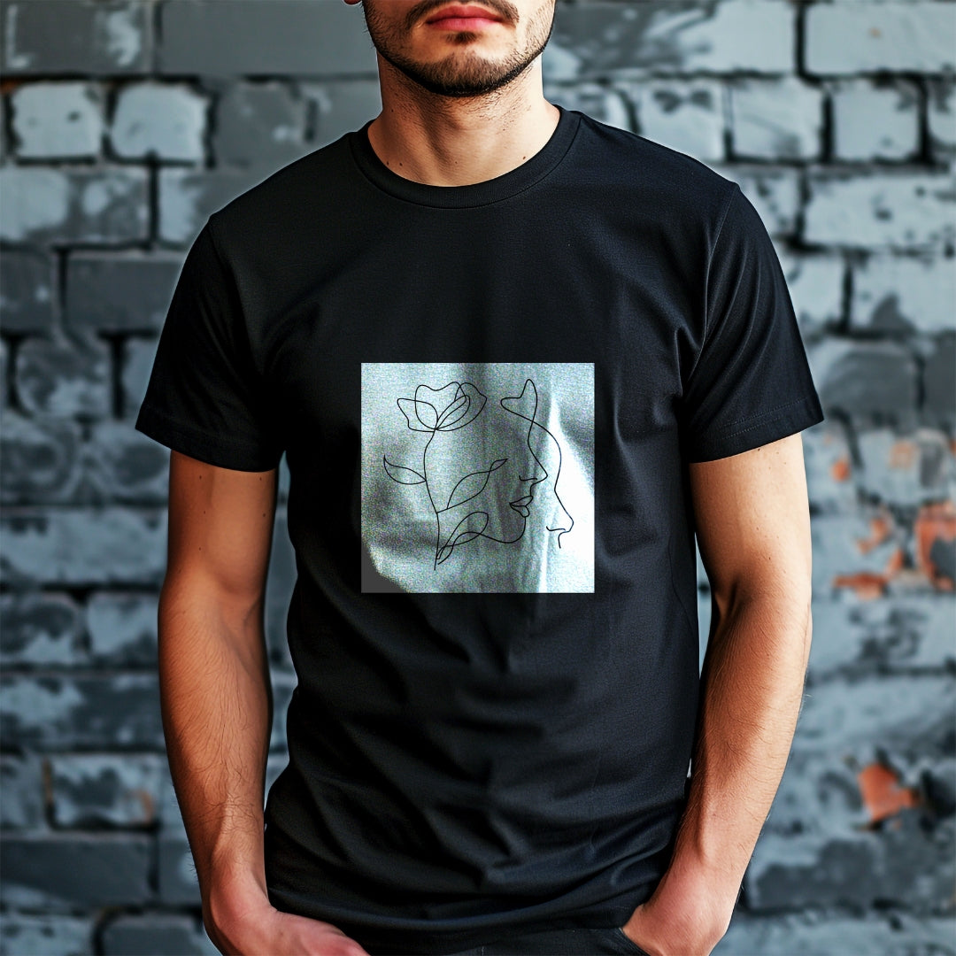 Čierne tričko Kiskedves Line Art s profilom a kvetom, na modelovi pred tehlovou stenou.