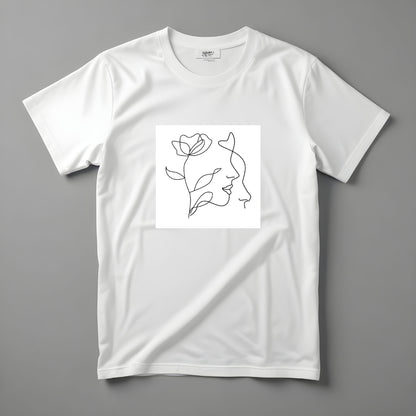 Biele tričko Kiskedves Line Art rozložené, s profilom a kvetom, na sivom pozadí.