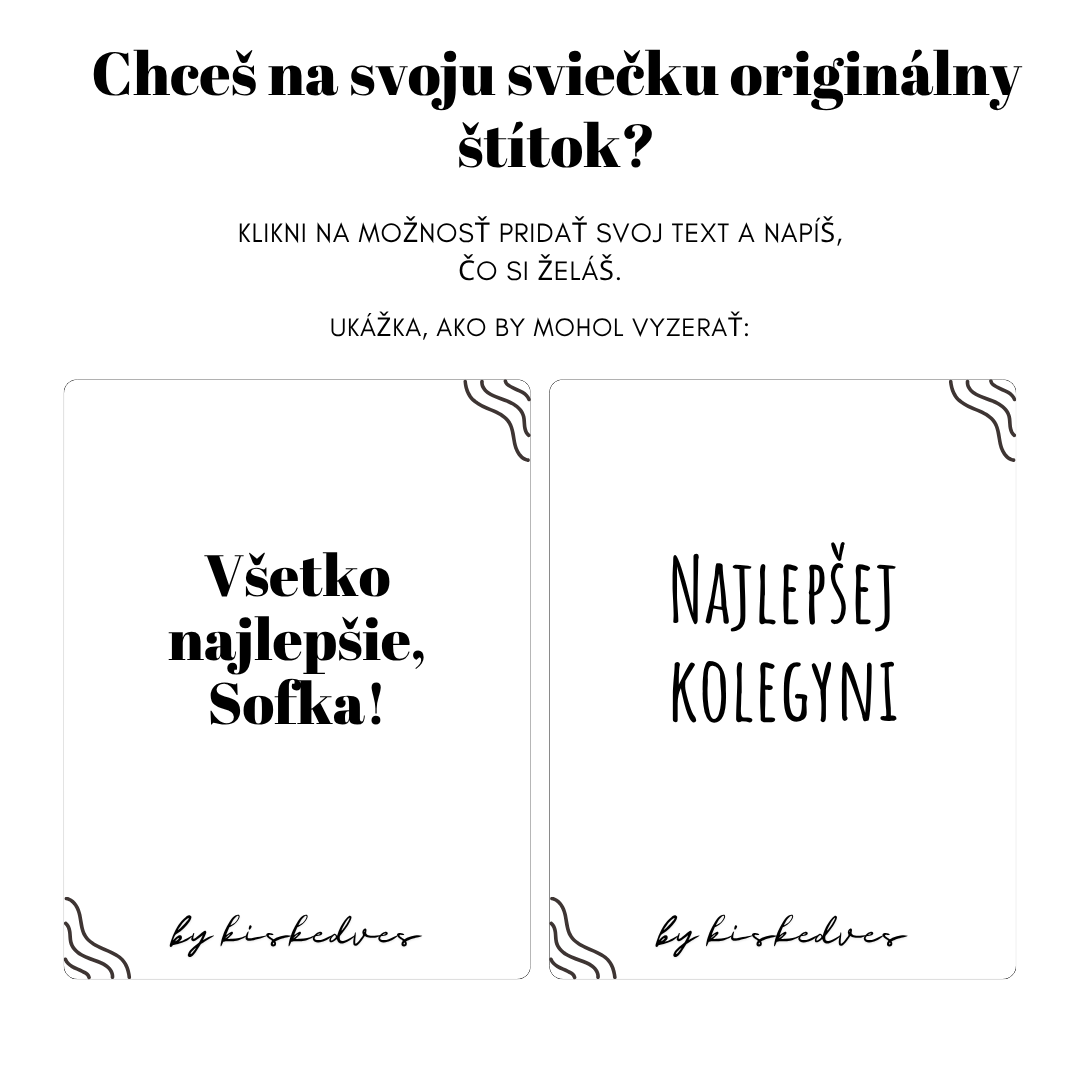Ukážka personalizácie: dva štítky sviečky Kiskedves Espresso s vlastným textom – „Všetko najlepšie, Sofka!“ a „Najlepšej kolegyni“.