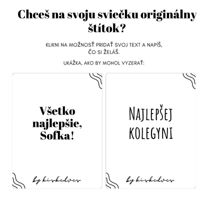 Ukážka personalizácie: dva štítky sviečky Kiskedves Espresso s vlastným textom – „Všetko najlepšie, Sofka!“ a „Najlepšej kolegyni“.