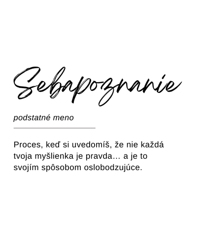 Návrh etikety sviečky Kiskedves vo forme slovníkového hesla: „Sebapoznanie, podstatné meno – Proces, keď si uvedomíš, že nie každá tvoja myšlienka je pravda… a je to svojím spôsobom oslobodzujúce.“