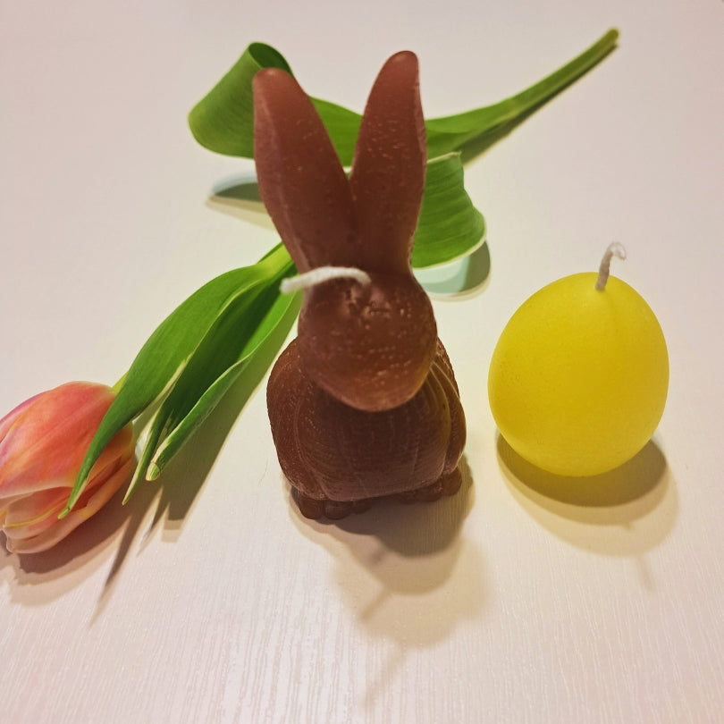 Detailný záber na hnedú sviečku v tvare zajačika a žltú vajíčkovú sviečku Kiskedves, v pozadí tulipánové listy.