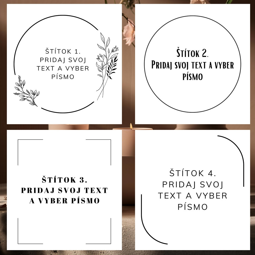 Štýly štítkov difuzéra Kiskedves, vzory 1.–4. – na každom „pridaj svoj text a vyber písmo“