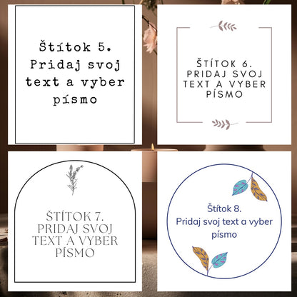 Štýly štítkov difuzéra Kiskedves, vzory 5.–8. – na každom „pridaj svoj text a vyber písmo“