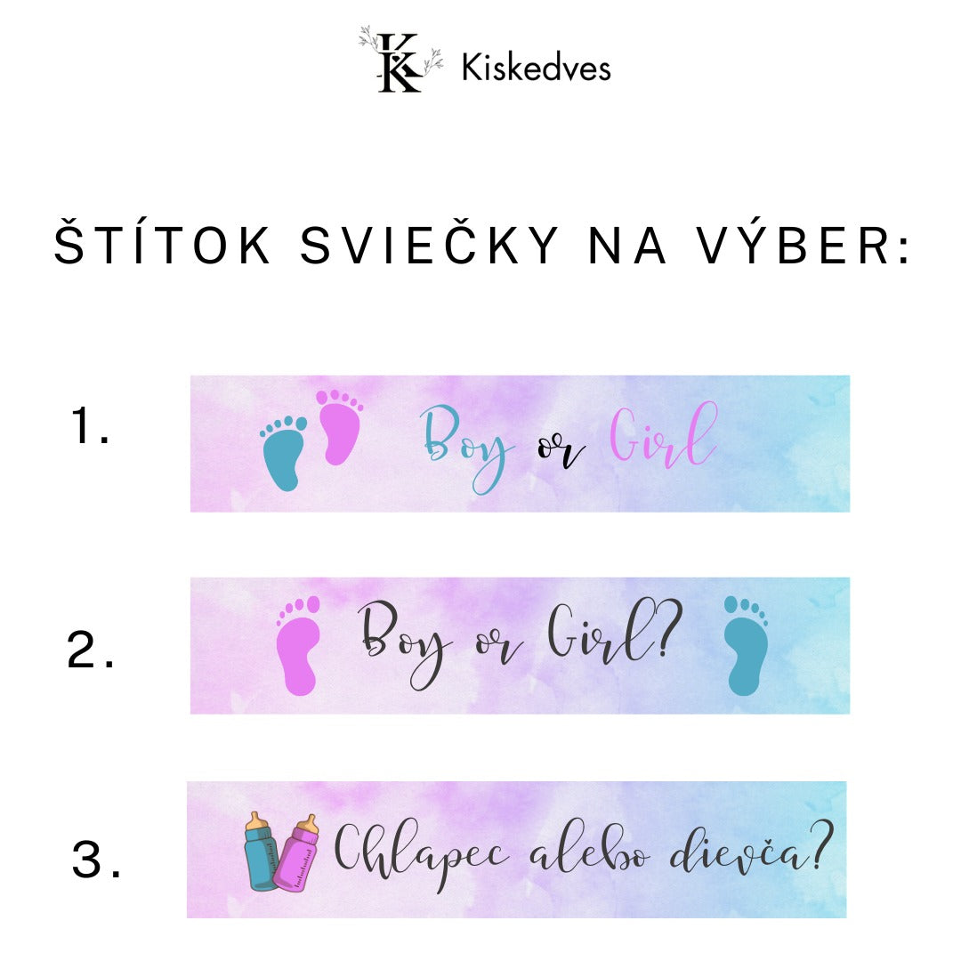 Tri štítky sviečky na výber: „Boy or Girl“, „Boy or Girl?“ a „Chlapec alebo dievča?“ – s odtlačkami detských nôžok, resp. s dojčenskými fľašami