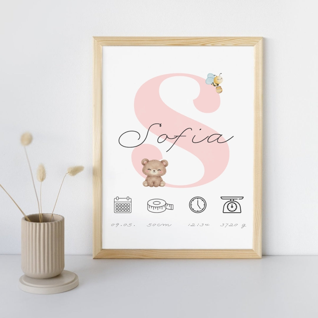 Obraz k narodeniu bábätka v drevenom ráme, s ružovým písmenom S a menom Sofia, s macíkom a včielkou, vedľa vázy so sušenými kvetmi