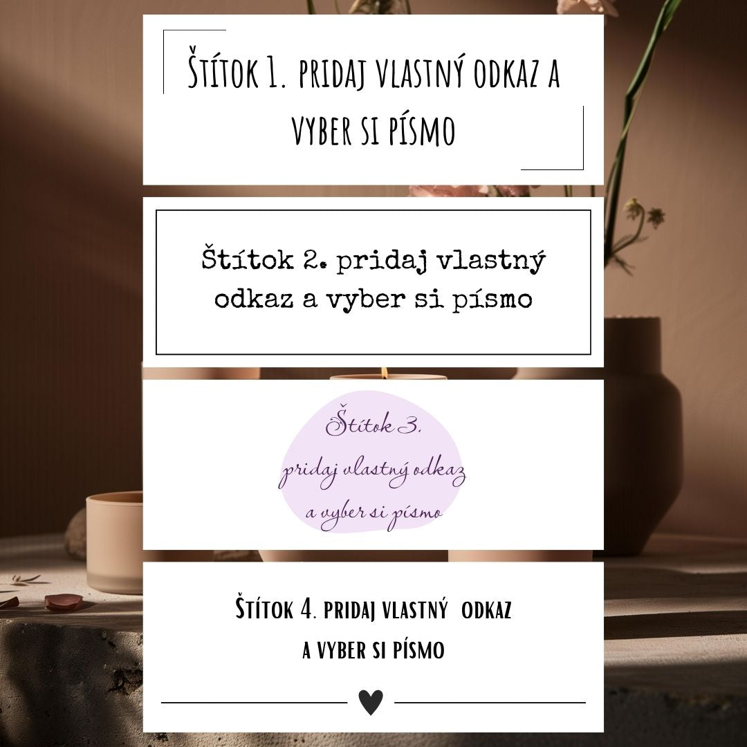 Štyri štýly štítkov Kiskedves – ukážky písem, na každom „Štítok 1.–4. pridaj vlastný odkaz a vyber si písmo“